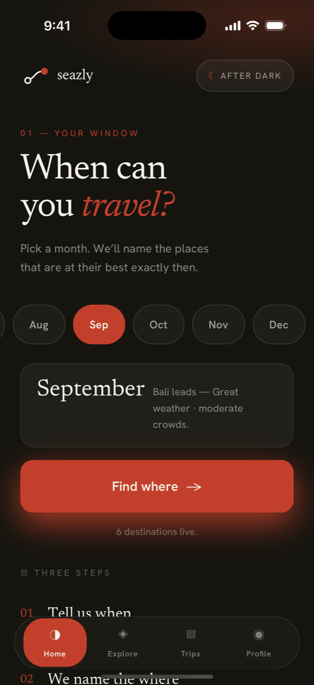 The Seazly home screen — the month picker