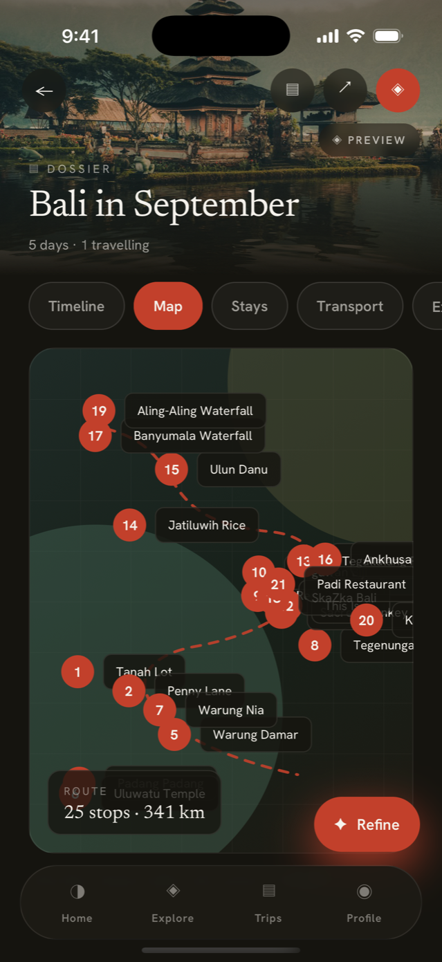 Dossier route map — 25 stops drawn