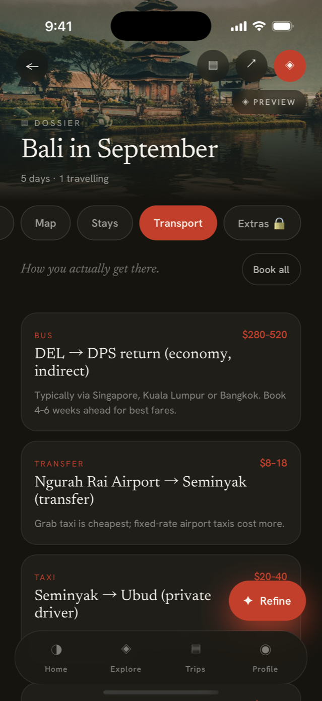 Dossier transport tab with real fares