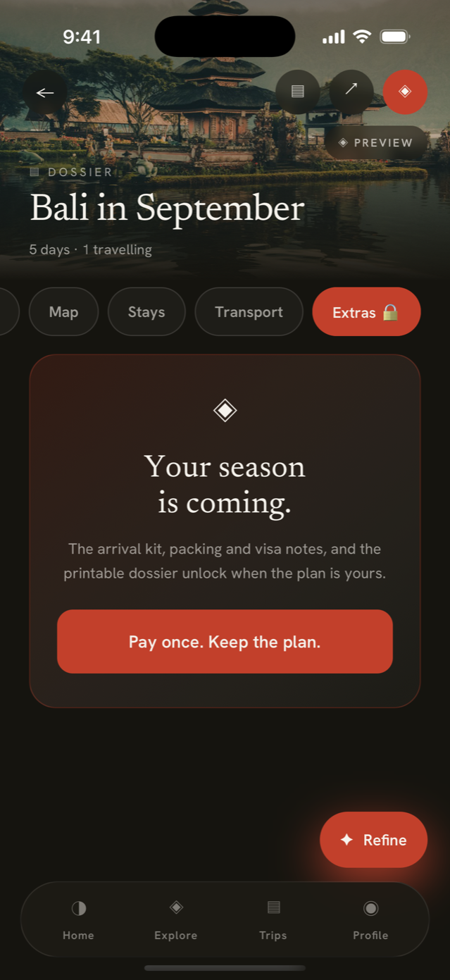Extras unlock — pay once, keep the plan